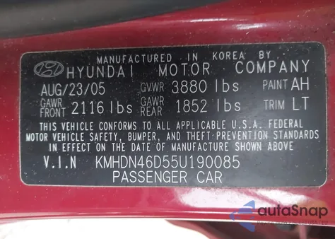 2005 Hyundai Elantra Gls/Gt z USA, uszkodzony, nr VIN KMHDN46D55U190085